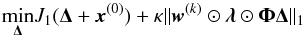 Mathematical equation: \appendix \setcounter{section}{3} \begin{equation} \underset{\bm{\Delta}}\min J_1(\bm{\Delta}+\vec{x}^{(0)}) +\kappa\|\vec{w}^{(k)}\odot\bm{\lambda}\odot\bm{\Phi}\bm{\Delta}\|_1 \label{no_pos_eq} \end{equation}