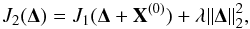 Mathematical equation: \begin{equation} \label{cost_func_reg} J_2(\bm{\Delta}) = J_1(\bm{\Delta}+\mathbf{X}^{(0)}) + \lambda \|\bm{\Delta}\|_{2}^2, \end{equation}