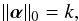 Mathematical equation: \begin{equation} \|\boldsymbol{\alpha}\|_0 = k, \end{equation}
