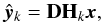 Mathematical equation: \begin{equation} \hat{\vec{y}}_k = \mathbf{D}\mathbf{H}_k\vec{x}, \label{intp_rel_mat} \end{equation}
