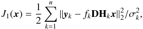 Mathematical equation: \begin{equation} J_1(\vec{x}) = \frac{1}{2}\sum_{k=1}^n{\|\vec{y}_{k}-f_k\mathbf{D}\mathbf{H}_k\vec{x}\|_2^2}/{\sigma_k^2}, \label{psfex_cost_mat} \end{equation}