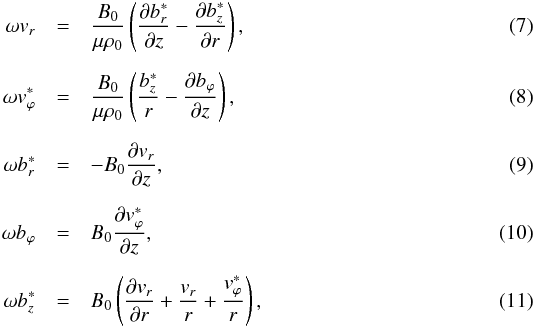 Mathematical equation: \begin{eqnarray} \omega v_r &=& \frac{B_0}{\mu \rho_0} \left( \frac{\partial b_r^*}{\partial z} - \frac{\partial b_z^*}{\partial r} \right), \label{eq:eigenini}\\[2mm] \omega v^*_\varphi &=& \frac{B_0}{\mu \rho_0} \left( \frac{b_z^*}{r} - \frac{\partial b_\varphi}{\partial z} \right), \\[2mm] \omega b_r^* &=& - B_0 \frac{\partial v_r}{\partial z}, \\[2mm] \omega b_\varphi &=& B_0 \frac{\partial v_\varphi^*}{\partial z}, \\[2mm] \omega b_z^* &=& B_0 \left( \frac{\partial v_r}{\partial r} + \frac{v_r}{r} + \frac{v_\varphi^*}{r} \right), \label{eq:eigenfin} \end{eqnarray}