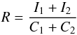 Mathematical equation: \begin{equation} R =\frac{\d I_1+I_2}{\d C_1+C_2} \end{equation}