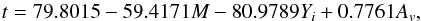 Mathematical equation: \begin{equation} t = 79.8015-59.4171M-80.9789Y_i+0.7761A_v, \label{eqn:age} \end{equation}