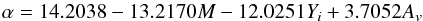 Mathematical equation: \begin{equation} \alpha = 14.2038 -13.2170 M -12.0251 Y_i+ 3.7052A_v \end{equation}