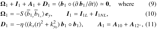 Mathematical equation: \begin{eqnarray} \label{b1budget} &&{\vec{\Omega}}_1+{\vec{I}}_1+{\vec{A}}_1+{\vec{D}}_1=\left< \vec{b}_1\circ({\partial\, \vec{b}_1}/{\partial t})\right> \simeq\bf{0}, \quad \text{where} \\ &&{\vec{\Omega}}_1=-S\langle\overline{b}_{1_y}\overline{b}_{1_x}\rangle\,\vec{e}_y, \quad \quad {\vec{I}}_1= {\vec{I}}_{1{L}}+ {\vec{I}}_{1{NL}}, \\ \label{MRIactivemode} & &{\vec{D}}_1= -\eta\,\langle (k_{x}(t)^2+k_{y_0}^2)\,\vec{b}_1\circ \vec{b}_1 \rangle, \quad \quad {\vec{A}}_1= {\vec{A}}_{10}+{\vec{A}}_{12^+},\quad\quad \end{eqnarray}