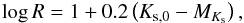 Mathematical equation: \begin{equation} \log R = 1 + 0.2\left(K_{\rm{ s,0 }} - M_{K_{\rm s}} \right), \end{equation}