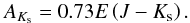 Mathematical equation: \begin{equation} A_{K _{\rm s}} = 0.73 E\left(J-K_{\rm s}\right). \end{equation}