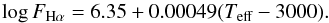Mathematical equation: \begin{equation} \label{eq:dividing_Lbol} \log R'_{\rm H\alpha}=-3.4 + 0.00008(T_{\rm eff}-3000) . \end{equation}