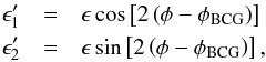 Mathematical equation: \begin{eqnarray} \label{eq:bcg} \epsilon_1' &=& \epsilon\cos\left[2\left(\phi-\phi_{\rm BCG}\right)\right] \nonumber\\ \epsilon_2' &=& \epsilon\sin\left[2\left(\phi-\phi_{\rm BCG}\right)\right], \end{eqnarray}