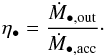 Mathematical equation: \begin{eqnarray} \eta_{\BH}=\dfrac{\dot{M}_{\rm \BH,out}}{\dot{M}_{\rm \BH,acc}} \cdot \label{agn_out_acc} \end{eqnarray}