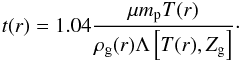 Mathematical equation: \begin{eqnarray} t(r) = 1.04\dfrac{\mu m_{\rm p} T(r)}{\rho_{\rm g}(r)\Lambda\left[T(r),Z_{\rm g}\right]}\cdot \label{cooling_time_function} \end{eqnarray}