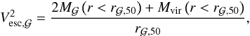 Mathematical equation: \begin{eqnarray} V_{\rm esc,\Gal}^2 = \dfrac{2M_{\Gal}\left(r<r_{\Gal,50}\right)+M_{\rm vir}\left(r<r_{\Gal,50}\right)}{r_{\Gal,50}} , \label{gal_escape_velocity} \end{eqnarray}