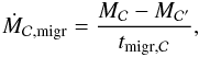 Mathematical equation: \begin{eqnarray} \dot{M}_{\rm \Clumps,migr} = \dfrac{M_{\Clumps} -M_{\Clumps'}}{t_{\rm migr,\Clumps}} , \label{clumps_migr} \end{eqnarray}