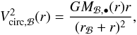 Mathematical equation: \begin{eqnarray} V_{\rm circ,\Bulge}^2(r) = \dfrac{G M_{\Bulge,\BH}(r) r}{(r_{\Bulge}+r)^2} , \label{Vcirc_b} \end{eqnarray}