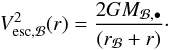 Mathematical equation: \begin{eqnarray} V_{\rm esc,\Bulge}^2(r) = \dfrac{2G M_{\Bulge,\BH}}{(r_{\Bulge}+r)}\cdot \label{Vesc_b} \end{eqnarray}