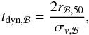 Mathematical equation: \begin{eqnarray} t_{\rm dyn,\Bulge} = \dfrac{2r_{\Bulge,50}}{\sigma_{v,\Bulge}} , \label{t_bulge} \end{eqnarray}