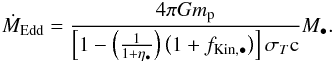 Mathematical equation: \begin{eqnarray} \dot{M}_{\rm Edd} = \dfrac{4\pi G m_{\rm p}}{\left[1-\left(\frac{1}{1+\eta_{\BH}}\right)\left(1+f_{\rm Kin,\BH}\right)\right]\sigma_T{\rm c}}M_{\BH}. \label{Edd_acc_rate} \end{eqnarray}
