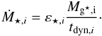 Mathematical equation: \begin{eqnarray} \dot{M}_{\star,i} = \varepsilon_{\star,i}\dfrac{M_{\sfg,i}}{t_{{\rm dyn},i}}\cdot \label{sfr} \end{eqnarray}