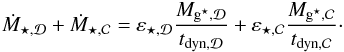 Mathematical equation: \begin{eqnarray} \dot{M}_{\star,\Disc} + \dot{M}_{\star,\Clumps} = \varepsilon_{\star,\Disc}\dfrac{{M}_{\sfg,\Disc}}{t_{\rm dyn,\Disc}} + \varepsilon_{\star,\Clumps}\dfrac{{M}_{\sfg,\Clumps}}{t_{\rm dyn,\Clumps}}\cdot \label{sfr_disc_all} \end{eqnarray}