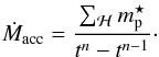 Mathematical equation: \begin{eqnarray} \dot{M}_{\rm acc} = \dfrac{\sum_{\Halo} m_{\rm p}^{\star}}{t^{n}-t^{n-1}}\cdot \label{dm_acc_rate} \end{eqnarray}
