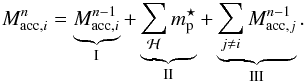 Mathematical equation: \begin{eqnarray} M_{{\rm acc},i}^{n} = \underbrace{{M}_{{\rm acc},i}^{n-1}}_{\rm I} + \underbrace{\sum_{\Halo} m_{\rm p}^{\star}}_{\rm II} + \underbrace{\sum_{j \neq i} M_{{\rm acc},j}^{n-1}}_{\rm III}. \label{dm_acc_mass} \end{eqnarray}