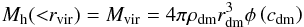 Mathematical equation: \begin{eqnarray} M_{\rm h}({<}r_{\rm vir}) = M_{\rm vir} = 4\pi\rho_{\rm dm}r_{\rm dm}^3\phi\left(c_{\rm dm}\right) \label{dm_mass_rvir} \end{eqnarray}