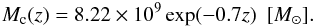 Mathematical equation: \begin{eqnarray} M_{\rm c}(z) = 8.22\times10^{9}\exp(-0.7z)~~[\Msun ]. \label{filtering_mass} \end{eqnarray}