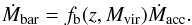 Mathematical equation: \begin{eqnarray} \dot{M}_{\rm bar} = f_{\rm b}(z,M_{\rm vir})\dot{M}_{\rm acc}. \label{bar_acc_rate} \end{eqnarray}