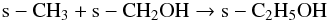 Mathematical equation: \begin{eqnarray} \label{eq:eth2} {\rm s-CH_3 + s-CH_2OH \rightarrow s-C_2H_5OH} \end{eqnarray}