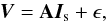 Mathematical equation: \begin{equation} \vec{V}=\mathbf{A}{\vec{I}}_{\rm{s}}+\epsilon \label{eqVis} , \end{equation}