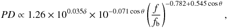 Mathematical equation: \begin{eqnarray} \label{prop1} PD \propto 1.26\times10^{0.035\delta}\times 10^{-0.071\cos \theta}\left(\frac{f}{f_\mathrm{b}}\right)^{-0.782+0.545\cos \theta}, \end{eqnarray}