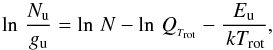 Mathematical equation: \begin{equation} {\ln \, \frac{N_{\rm u}}{g_{\rm u}}}=\ln \, N-\ln \, Q_{_{T_{\rm rot}}}- \frac{E_{\rm u}}{\,k T_{\rm rot}},\label{eq:DR} \end{equation}