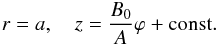 Mathematical equation: \begin{eqnarray} r = a, \quad z = \frac{B_0}A\varphi + \mbox{const} . \label{eq:4.18} \end{eqnarray}
