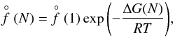 Mathematical equation: \begin{equation} \stackrel{\circ}{f}(N) = ~\stackrel{\circ}{f}(1) \exp{\left( - \frac{\Delta G(N)}{RT}\right)}, \label{eq:f(N)} \end{equation}
