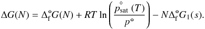 Mathematical equation: \begin{equation} \Delta G(N) = \dG(N) + RT \ln\left(\frac{\stackrel{\circ}{p_{\rm sat}}(T)}{p^{\st}}\right) - N\dG_{1}(s). \label{eq:DeltaG} \end{equation}