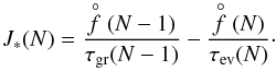 Mathematical equation: \begin{equation} J_{*}(N) = \frac{\stackrel{\circ}{f}(N-1)}{\tau_{\rm gr}(N-1)} - \frac{\stackrel{\circ}{f}(N)}{\tau_{\rm ev}(N)}\cdot \end{equation}