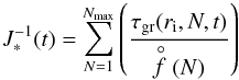 Mathematical equation: \begin{equation} J_{*}^{-1}(t) = \sum_{N=1}^{N_{\rm max}} \left( \frac{\tau_{\rm gr}(r_{\rm i}, N, t)}{\stackrel{\circ}{f}(N)} \right) \label{eq:J*nclass} \end{equation}