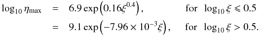 Mathematical equation: \begin{eqnarray} \label{PFM_03} \log_{10}\eta_\mathrm{max} &=& 6.9\exp\left(0.16\xi^{0.4}\right) , \quad\quad\ \,\ \ \quad\mathrm{for}\ \ \log_{10}\xi\leqslant 0.5 \nonumber \\ &=& 9.1\exp\left(-7.96\times 10^{-3}\xi\right) , \ \quad\mathrm{for}\ \ \log_{10}\xi > 0.5 . \end{eqnarray}