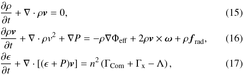 Mathematical equation: \begin{eqnarray} \label{NH_01A} && \frac{\partial\rho}{\partial{}t} + \nabla\cdot\rho\vec{v} = 0 , \\ \label{NH_01B} && \frac{\partial\rho\vec{v}}{\partial{}t} + \nabla\cdot\rho v^2+\nabla{}P= -\rho{}\nabla\Phi_\mathrm{eff} + 2\rho{}\vec{v}\times\vec{\omega} + \rho{}\vec{f}_\mathrm{rad} , \\ \label{NH_01C} && \frac{\partial\epsilon}{\partial{}t} + \nabla\cdot\left[(\epsilon+P)\vec{v}\right] = n^2\left(\Gamma_\mathrm{Com}+\Gamma_\mathrm{x}-\Lambda\right) , \end{eqnarray}