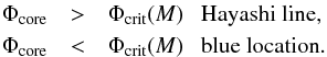 Mathematical equation: \begin{eqnarray*} \Phi_{\rm core} &>& \Phi_{\rm crit}(M)\ \ \ {\rm Hayashi\ line},\\ \Phi_{\rm core} &<& \Phi_{\rm crit}(M)\ \ \ {\rm blue\ location}. \end{eqnarray*}