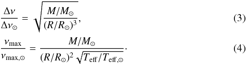 Mathematical equation: \begin{eqnarray} \label{eq:dni} &&\frac{\Delta \nu}{\Delta \nu_{\sun}} = \sqrt{\frac{M/M_{\sun}}{(R/R_{\sun})^3}} ,\\ \label{eq:nimax} && \frac{\nu_{\rm max}}{\nu_{\rm max, \sun}} = \frac{{M/M_{\sun}}}{ (R/R_{\sun})^2 \sqrt{ T_{\rm eff}/T_{\rm eff, \sun}} }\cdot \end{eqnarray}