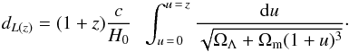 Mathematical equation: \begin{equation} d_{L(z)}=(1+z) \frac{c}{H_0}\; \; \int_{u\,=\,0}^{u\,=\,z} \frac{{\rm d}u}{\sqrt{\Omega_\Lambda + \Omega_{\rm m} (1+u)^3}}\cdot \end{equation}