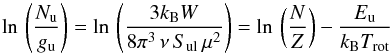 Mathematical equation: \begin{equation} \label{eq:rotdiag} \ln\,\left(\frac{N_{\rm u}}{g_{\rm u}}\right)=\ln\,\left(\frac{3k_{\rm B}W}{8\pi^{3}\, \nu \, S_{\rm ul}\,\mu^{2}}\right)=\ln\,\left(\frac{N}{Z}\right)-\frac{E_{\rm u}}{k_{\rm B} T_{\rm rot}} \end{equation}