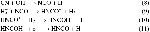 Mathematical equation: \begin{eqnarray} \label{eq:hnco} &&\mathrm{CN + OH \longrightarrow NCO + H}\\ &&\mathrm{H_3^+ + NCO \longrightarrow HNCO^+ + H_2}\\ &&\mathrm{HNCO^+ + H_2 \longrightarrow HNCOH^+ + H}\\ &&\mathrm{HNCOH^+ + e^- \longrightarrow HNCO + H} \end{eqnarray}