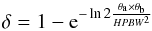 Mathematical equation: \begin{equation} \label{eq:dilu} \delta = 1 - {\rm e}^{-\ln2\frac{\theta_{\rm a}\times\theta_{\rm b}}{HPBW^2}} \end{equation}