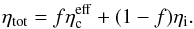 Mathematical equation: \begin{eqnarray} \eta_{\rm tot} = f \eta_{\rm c}^{\rm eff} + (1 - f) \eta_{\rm i}. \label{eq:etatot} \end{eqnarray}