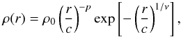 Mathematical equation: \begin{equation} \rho(r) = \rho_0\left(\frac{r}{c}\right)^{-p}\exp\left[-\left(\frac{r}{c}\right)^{1/\nu}\right], \label{eq:rho} \end{equation}