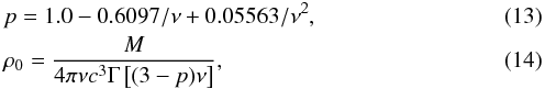 Mathematical equation: \begin{eqnarray} &&p = 1.0 - 0.6097/\nu + 0.05563/\nu^2, \\ &&\rho_0 = \frac{M}{4\pi\nu c^3\Gamma\left[(3-p)\nu\right]}, \end{eqnarray}