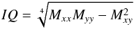 Mathematical equation: \begin{eqnarray*} IQ = \sqrt[4]{M_{xx} M_{yy}-M_{xy}^2} \end{eqnarray*}